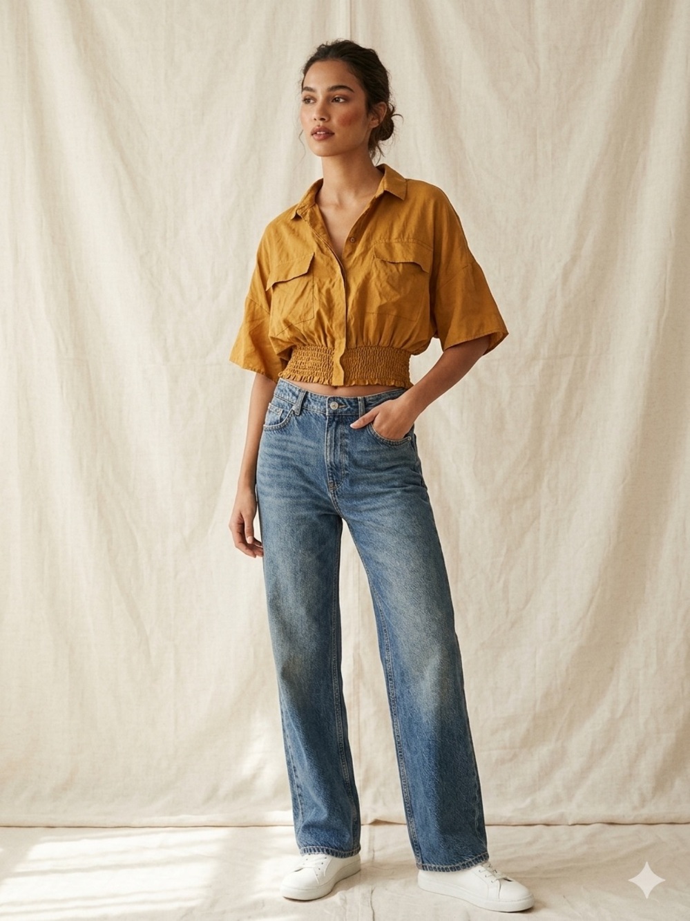 Zara Mustard Cropped Button-Up Shirt - Mustard